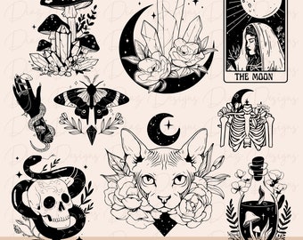 May include: A set of 10 mystical designs featuring black and white illustrations of a cat, a skull, a snake, a moth, a crystal, a mushroom, a bottle, a hand, a ribcage, and a tarot card with the text "THE MOON".
