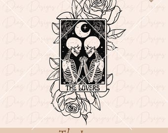 The lovers tarot card svg, skeleton lovers card png, skull lovers clipart, gothic skull svg, witchcraft skeleton svg, mystical moon clipart.