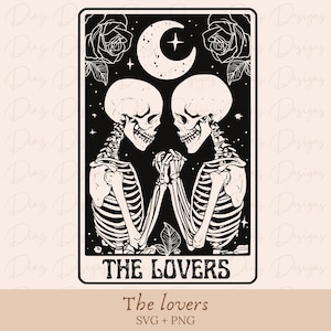Los amantes esqueletos carta tarot svg, calavera tarot png , archivo corte tarot amantes, tarot esqueleto vector, esqueleto san valentin png