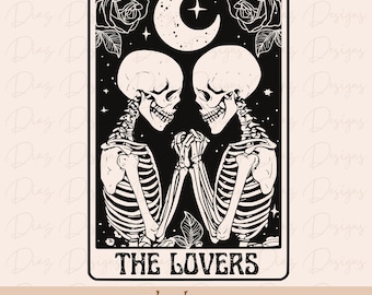 The lovers tarot card svg, skeleton lovers card svg, skull lovers clipart, gothic skull svg, witchcraft skeleton svg, mystical moon svg
