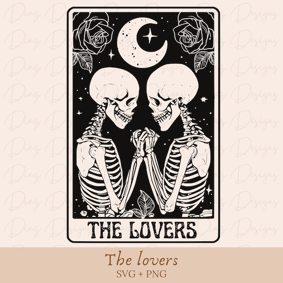 Los amantes esqueletos carta tarot svg, calavera tarot png , archivo corte tarot amantes, tarot esqueleto vector, esqueleto san valentin png