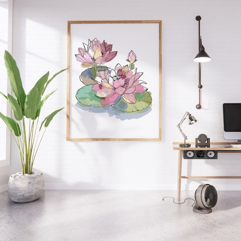 May include: A framed illustration of pink and white water lilies with green leaves on a white background.