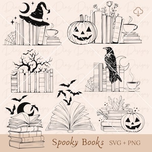 Puede incluir: Un conjunto de diez ilustraciones en blanco y negro de pilas de libros espeluznantes con temas de Halloween. Las ilustraciones incluyen un sombrero de bruja, una calabaza, un cuervo, un murciélago, un árbol y una luna creciente. El texto "Spooky Books SVG + PNG" está en la parte inferior de la imagen.