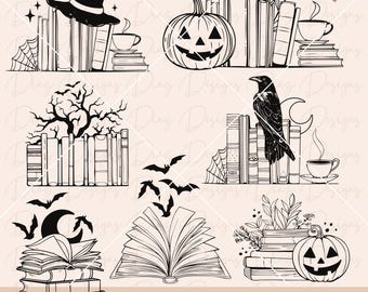 Halloween floral book svg, pumpkin book clipart, spooky book png, bookworm svg, witch reading svg, mystical spell book svg, library clipart.