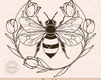 Pode incluir: Uma ilustração em preto e branco de uma abelha cercada por uma coroa de tulipas. A abelha tem um abdômen listrado e asas. O texto "floral bee" está abaixo da imagem.