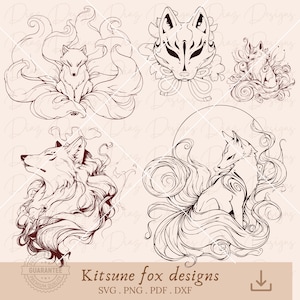 Renard kitsune japonais svg, clipart kitsune yokai, kitsune yokai png, fichier de découpe kitsune renard, svg renard à neuf queues, vecteur kitsune