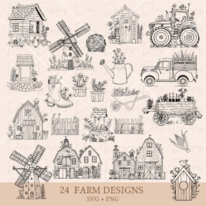 Może przedstawiać: Zestaw 24 czarno-białych rysunków przedstawiających ilustracje o tematyce wiejskiej. Ilustracje obejmują wiatrak, stodołę, gospodarstwo rolne, studnię, ciężarówkę, traktor, wóz, płot, konewkę, taczkę, budkę dla ptaków, but, belę siana i kolbę kukurydzy. W obrazie znajduje się tekst "24 FARM DESIGNS" i "SVG + PNG".