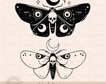 May include: Two black and white moth illustrations with a crescent moon and stars above each. The moths have a skull and crossbones design on their bodies.