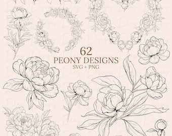 Peony bundle svg, peony png, wedding peony svg, wildflower svg, floral bundle svg, botanical svg, peonies bouquet svg, peony line art.
