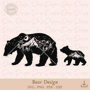Montanha de filhote de urso svg, vetor de cena de floresta, bebê urso svg, clipart de silhueta de urso, céu noturno de urso png, arquivo de corte de urso, papai urso cricut.