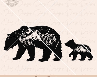 Family bear png, papa Bear png, bear mountain svg, mama bear svg, night sky png, baby bear clipart, bear silhouette clipart, bear cut file.