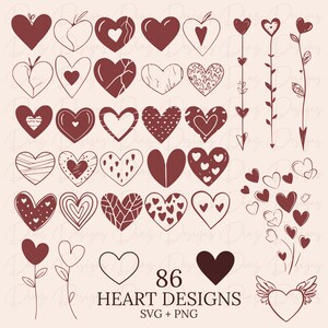May include: A set of 86 heart designs in various styles, including simple, patterned, and outlined hearts. The hearts are in shades of red and white. The image also includes the text "86 HEART DESIGNS SVG + PNG".