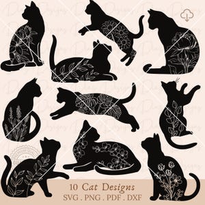 Silhouette florale de chat svg, fleurs de contour de chat png, paquet de positions de chat svg, vecteur de chat noir, clipart amoureux de chat, fichier coupé de chat