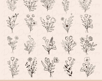 May include: Twenty black and white line drawings of flower bouquets. The bouquets are arranged in four rows of five bouquets each. The text "20 FLOWER BOUQUETS" is at the bottom of the image, and the text "SVG + PNG" is below that.