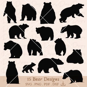 Silhouette d'ours svg, positions d'ours svg, clipart silhouette d'ours, ours brun png, fichier de découpe d'ours sauvage, papa ours cricut, maman ours clipart.