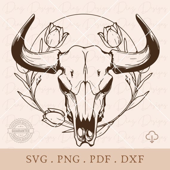 Floral Cow Skull Wild West Svg, Floral Bull Skull Cut File