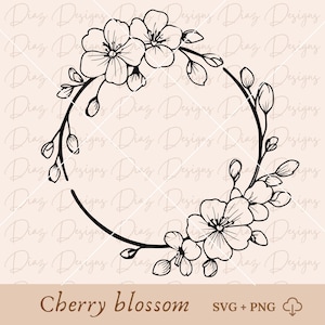 Kirschblütenrahmen SVG, Kirschblütenkreis-Clipart, Wildblumen-Clipart, Kirschblüten-Schnittdateien, runder Kirschblütenstrauß Cricut.