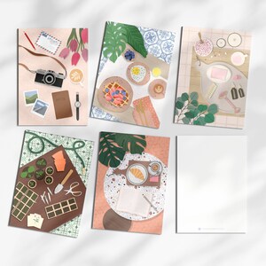 Zestaw kart 5 chwil | A6, ilustracja karty, kartka z życzeniami, pocztówka, druk artystyczny, mini sztuka, śniadanie, ogród, kawiarnia, wellness, aparat fotograficzny