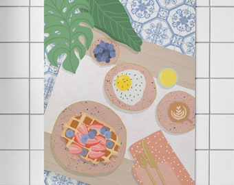 May include: A flat lay image of a breakfast scene with a waffle topped with strawberries and blueberries, a fried egg, a cup of coffee, a glass of juice, and a pink and white polka dot napkin with gold silverware. The scene is set on a wooden table with a blue and white tiled background.