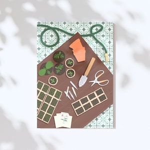 Carte Jardin | A6, illustration de carte, illustration de carte de vœux, carte postale, impression d'art, carte nature, plantes, jardinier, outils, graines,