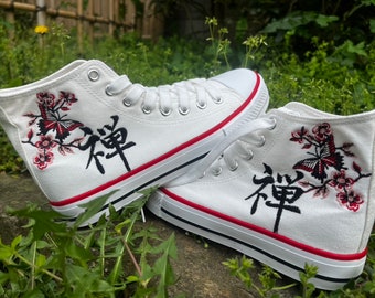 Embroidered Custom High Top Canvas Shoes - Japanese tattoo design "Zen"