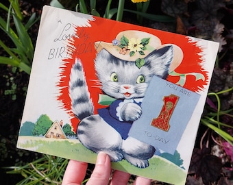 Original Kätzchen Karte zum 1.Geburtstag England mit Pop Up Karte innen Kitsch Vintage Sammler Scrapbook Papiere