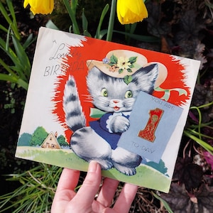 Cartão original de gatinho, cartão de primeiro aniversário infantil, inglaterra, com pop up dentro, cartão de aniversário vintage kitsch, papéis colecionáveis de scrapbook