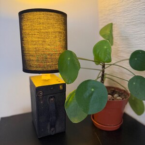 Könnte beinhalten: Eine schwarz-gelbe Lampe mit zylindrischem Lampenschirm und rechteckigem Sockel. Neben der Lampe steht eine Topfpflanze mit runden grünen Blättern. Die Lampe steht auf einer schwarzen Oberfläche.
