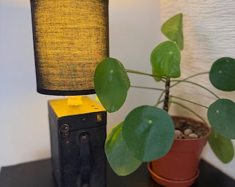 Handmade Lamp with Vintage Camera Base – Unique Upcycled Lighting & Black Fabric Shade