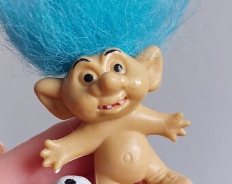 Retro football soccer TROLL doll with blue hair miniature troll desk pencil topper small birthday gift easter gift idea for him gift for her