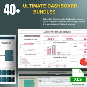 May include: A colorful infographic with the title "Ultimate Dashboard Bundles" and the text "40+ Bundles". The infographic shows various charts and graphs with data related to customer satisfaction, social media engagement, lead generation, and income revenue. The infographic also includes a table with data for total income per month. The infographic is designed to help businesses track their progress and make informed decisions.