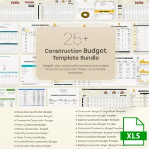 May include: A collection of construction budget templates, including renovation, residential, and commercial budgets. The image features a variety of spreadsheets and documents, with the text "25+ Construction Budget Template Bundle". An XLS file icon is visible.