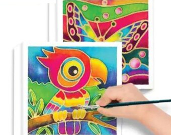 DIY Batik Fabric Painting Kit - 8x8 Inch Wax-Painted Motive Canvas On Cardboard Frame Various Design Selection Free Color Set