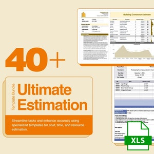Könnte beinhalten: Eine orangefarbene und weiße Grafik, die ein "Ultimate Estimation" Vorlagenpaket bewirbt. Das Bild enthält Beispieldokumente, den Text "40+" und den Satz "Optimieren Sie Aufgaben und verbessern Sie die Genauigkeit mit Vorlagen."