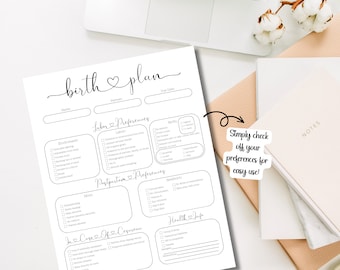 May include: A printable birth plan checklist with sections for labor preferences, postpartum preferences, in case of cesarean, and health info. The checklist includes checkboxes for various preferences, such as environment, labor, and postpartum care.