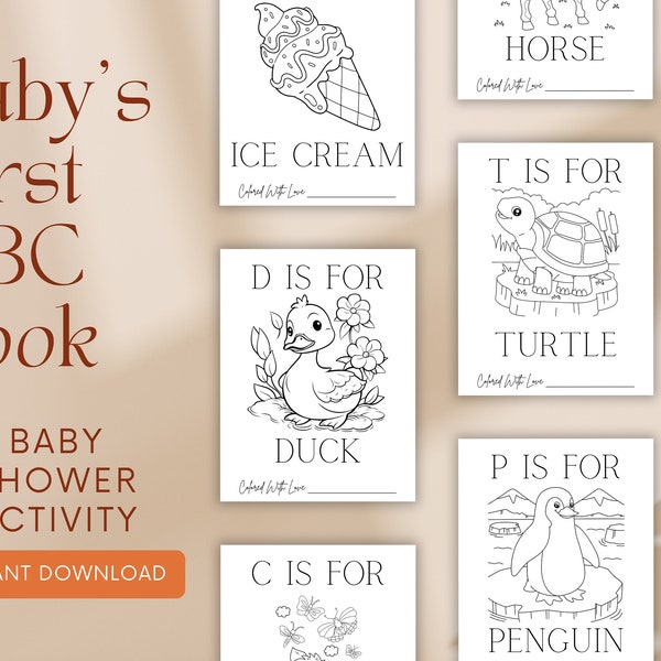 ABC boek baby shower spel, baby shower kleurplaten, alfabet kleurboek, baby shower activiteit, alfabet kleuren, ABC boek, aandenken
