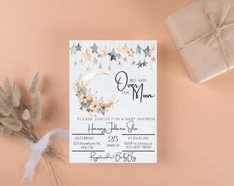 über dem Mond-Babyparty-Einladungsvorlage | Boho Babyparty | Boho Mond Babyparty | Zauberhafte Einladungskarte | Himmlische Babyparty
