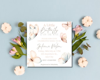 Een kleine vlinderuitnodiging voor babyshower | Baby showeruitnodiging vlinder | Bewerkbare boho-babyshower | Uitnodiging babyshower meisje | Vlinder