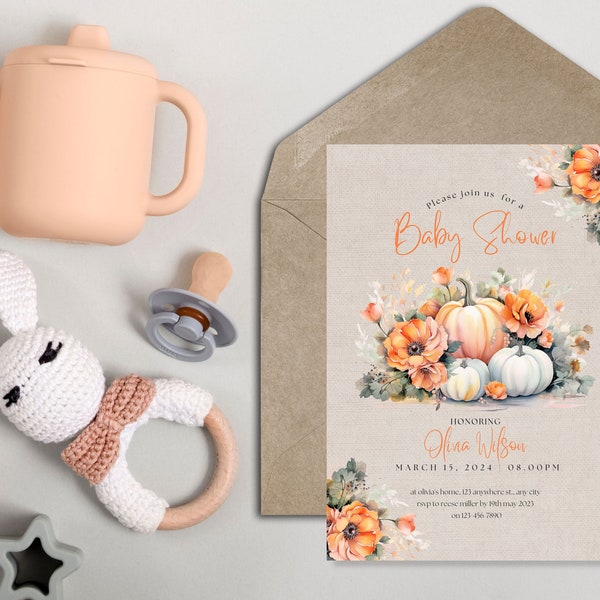 A Little Pumpkin Is On It's Way Baby Shower Invitation | Fall Baby Shower | Editable Invite Template | Neutral Fall Baby Shower Invitation