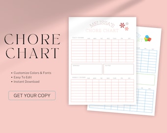 Chore Chart, Printable Editable Daily & Weekly Kids Chore Responsibility Chart, Instant Download, Kids Routine Chart, Digital Download