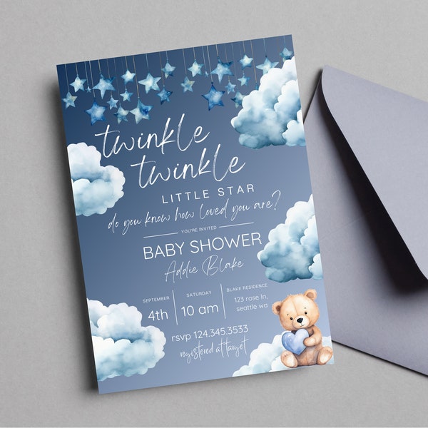 Blue Twinkle Twinkle Little Star Baby Shower Invitation, Baby Shower Invitation cute, Teddy Bear Baby Shower, Animated Baby Shower