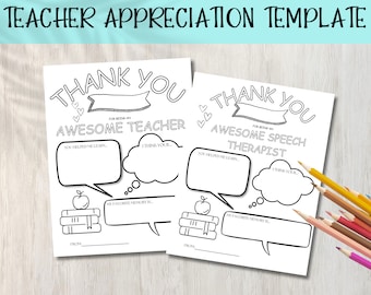 May include: Black and white printable thank you cards for teachers and speech therapists. The cards feature a speech bubble for writing a message, a stack of books, and an apple. The text on the cards reads "Thank You for being an Awesome Teacher" and "Thank You for being an Awesome Speech Therapist".