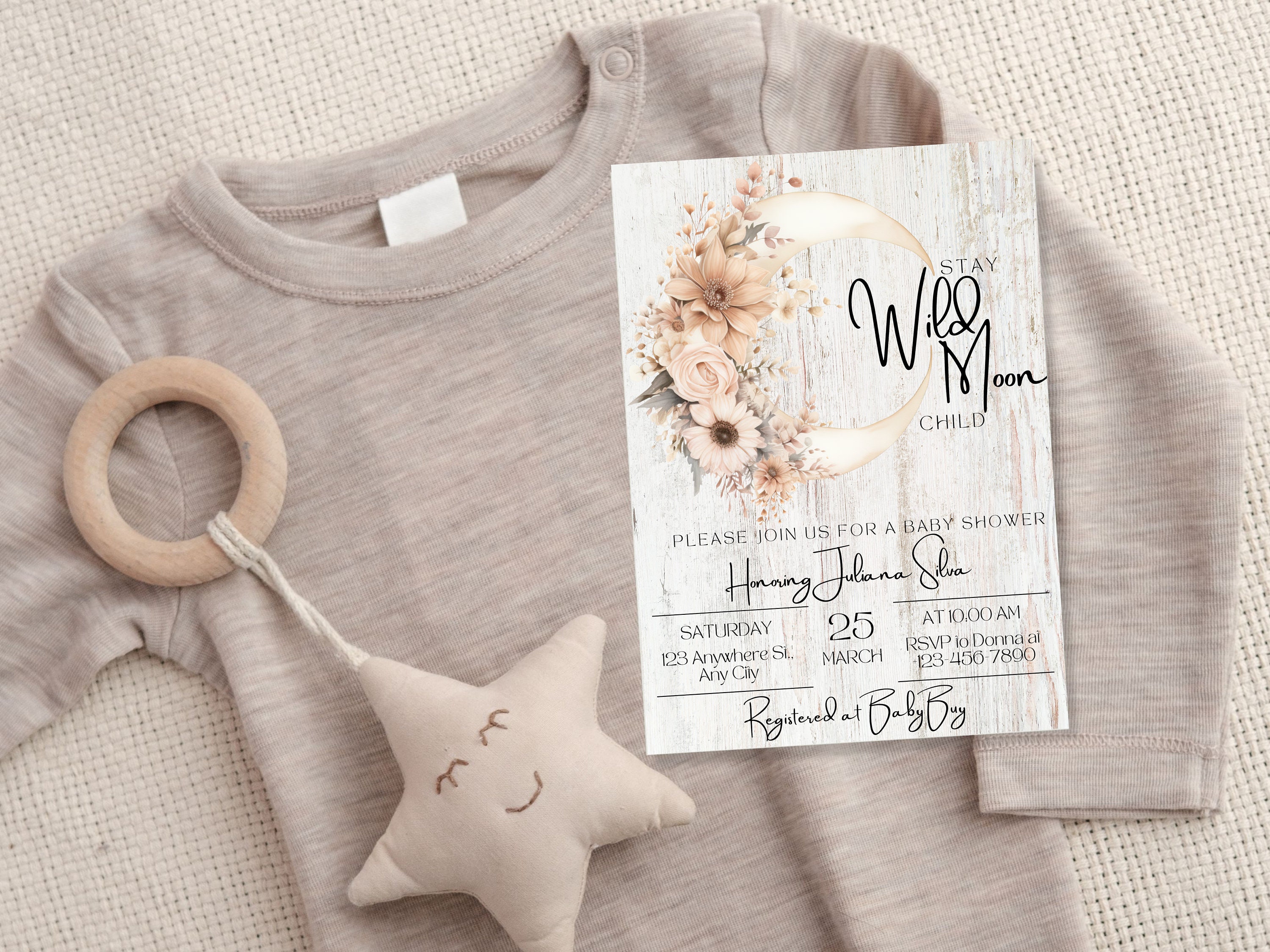 Boho Moon Baby Shower Invitation Stay Wild Moon Child Moon And Stars Baby Shower Invitations Moon Floral Baby Shower