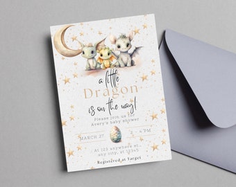 Uitnodiging babyshower draak | Een kleine draak is onderweg | Digitale sjabloon | Uitnodiging babyshower| Maan en sterren | Babyshower voor jongens