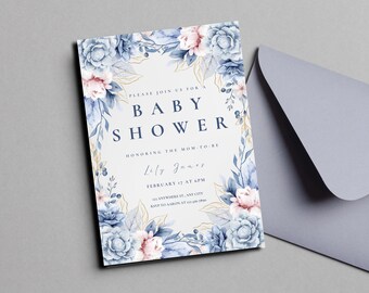 May include: A blue and pink floral baby shower invitation with gold accents. The invitation reads "Please join us for a Baby Shower honouring the mom-to-be Lily James, February 17 at 6pm, Anywhere St, Any City, RSVP to Aaron at ..."