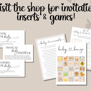 May include: Printable baby shower game cards with a light brown background and black text. The cards include games like "Baby Bingo", "Baby Animals", and "A-Z Baby Items".