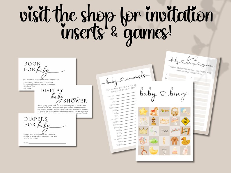 May include: Printable baby shower game cards with a light brown background and black text. The cards include games like "Baby Bingo", "Baby Animals", and "A-Z Baby Items".