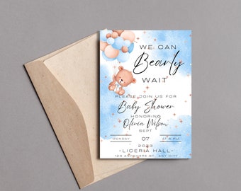 We Can Bearly Wait Blue Baby Shower Invitation | We Can Bearly Wait | Bear Baby Shower | Baby Shower Boy | Balloon Bear Shower | Teddy Bear