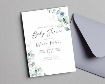 Könnte beinhalten: Eine weiße Babyparty-Einladung mit einem Aquarell-Design aus Eukalyptusblättern und weißen Blumen. Der Text lautet: "Bitte nehmen Sie an unserer Babyparty zu Ehren von Olivia Wilson teil. September 07 2023 um 17:00 Uhr - Liceria Hall - 123 Anywhere St., Any City"