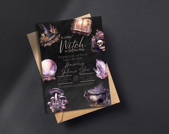 A Little Witch Baby Shower Invitation | Baby Girl Baby Shower | Halloween Baby Shower | Goth Baby Shower | Spooky Baby Shower | Magical Baby